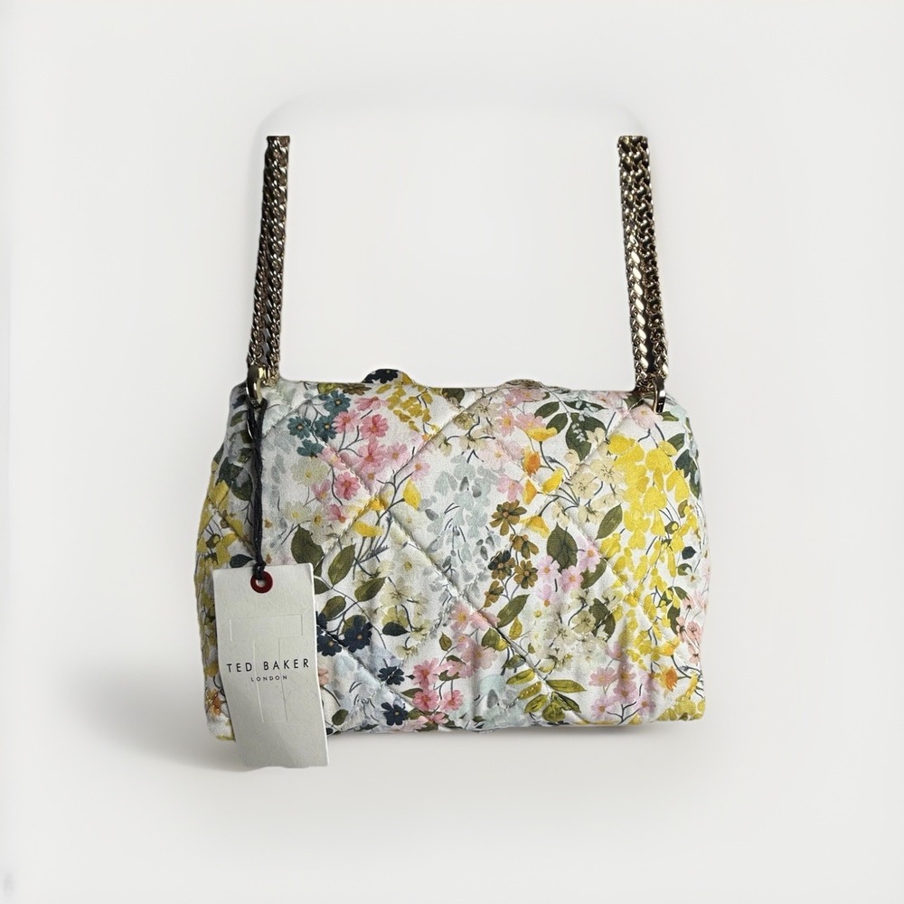 NWT TED BAKER Ginn Marie Gold chain  Flap CrossBody Bag‎ Floral Applique Quilted